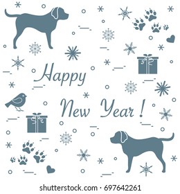 Cute vector illustration of two dogs, gift boxes, bird, hearts, footmarks and snowflakes. Winter theme.