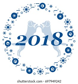 Cute vector illustration of two dogs and inscription happy new year around the balls with footmarks and snowflakes. Winter theme. Design element for poster or print.