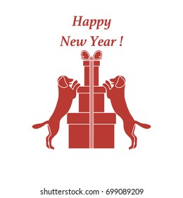 Cute vector illustration of two dogs and gift boxes. Winter theme. Design element for postcard, banner, poster or print.