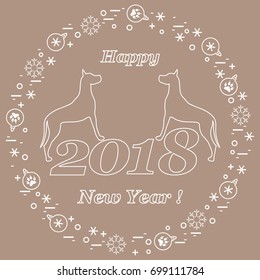 Cute vector illustration of two dogs and inscription happy new year around the balls with footmarks and snowflakes. Winter theme. Design element for poster or print.
