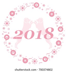 Cute vector illustration of two dogs and inscription happy new year around the balls with footmarks and snowflakes. Winter theme. Design element for poster or print.