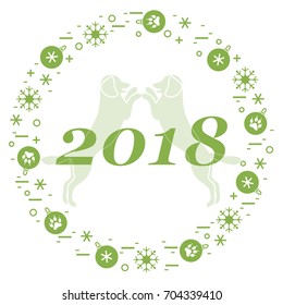Cute vector illustration of two dogs and inscription happy new year around the balls with footmarks and snowflakes. Winter theme. Design element for poster or print.