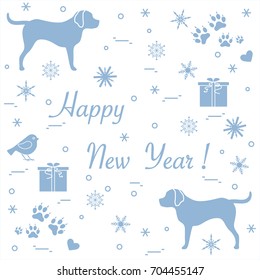 Cute vector illustration of two dogs, gift boxes, bird, hearts, footmarks and snowflakes. Winter theme.