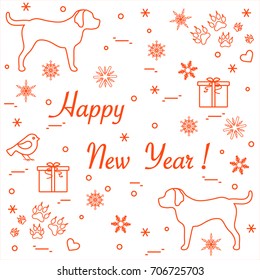 Cute vector illustration of two dogs, gift boxes, bird, hearts, footmarks and snowflakes. Winter theme.