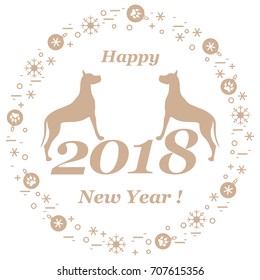 Cute vector illustration of two dogs and inscription happy new year around the balls with footmarks and snowflakes. Winter theme. Design element for poster or print.