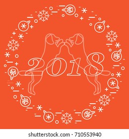 Cute vector illustration of two dogs and inscription happy new year around the balls with footmarks and snowflakes. Winter theme. Design element for poster or print.