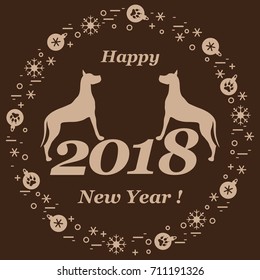 Cute vector illustration of two dogs and inscription happy new year around the balls with footmarks and snowflakes. Winter theme. Design element for poster or print.