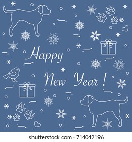 Cute vector illustration of two dogs, gift boxes, bird, hearts, footmarks and snowflakes. Winter theme.