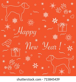Cute vector illustration of two dogs, gift boxes, bird, hearts, footmarks and snowflakes. Winter theme.