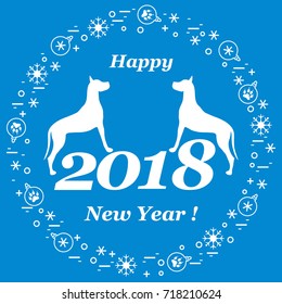 Cute vector illustration of two dogs and inscription happy new year around the balls with footmarks and snowflakes. Winter theme. Design element for poster or print.
