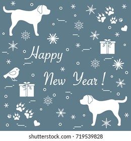 Cute vector illustration of two dogs, gift boxes, bird, hearts, footmarks and snowflakes. Winter theme.