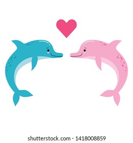 Cute vector illustration of two dolphins being in love with little red heart between them