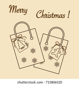 Cute vector illustration: two gift bags with snowflakes and tags with christmas tree and gingerbread man. Christmas sale and shopping concept.