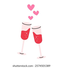 A cute vector illustration of two glasses filled with a pinkred beverage, with small hearts floating above. Perfect for Valentine's Day cards, wedding invitations, or other romantic celebrations. 