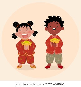 Linda Ilustración vectorial de dos niños felices vistiendo trajes tradicionales y sosteniendo sobres rojos durante la celebración del Año Nuevo Lunar. Ideal para el diseño de vacaciones, cultura familiar, festival asiático, greeti