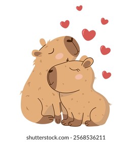 Cute vector illustration of two hugging capybaras surrounded by hearts on a transparent background. Perfect for postcards, prints, Valentine's Day stickers and for social media. Soft, charming design.