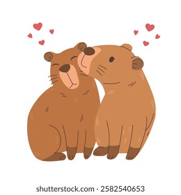 Cute vector illustration of two hugging capybaras surrounded by hearts on white background. For cards, prints, for Valentine's Day 