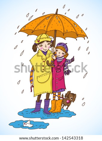 Cute vector illustration of two little girls under umbrella 