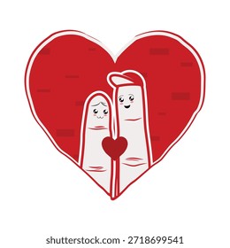 Ilustração vetor bonito de dois dedos amorosos abraçando dentro de uma forma de coração vermelho, simbolizando romance, afeto e relacionamento,