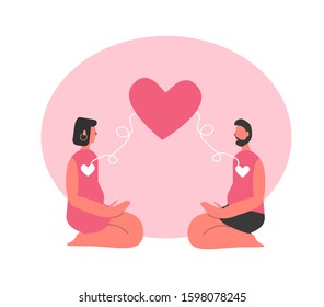Cute vector illustration of two romantic people in love on St Valentine Day. Man and woman with connected hearts on greeting card