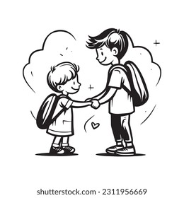 Ilustración vectorial de dos escolares tomados de la mano. aislado en fondo blanco