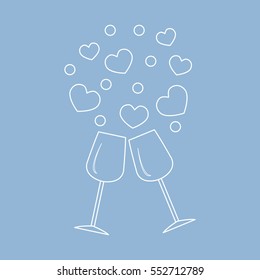 Cute vector illustration of two stemware with hearts. Design for banner, flyer, poster or print. Greeting card Valentine's Day.