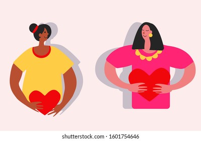 Cute vector illustration. Two young LGBT women celebrate St Valentines Day and present heart shaped greeting cards. Lesbian intercultural couple happy and in love