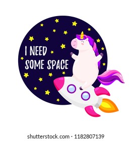 Cute vector illustration with unicorn astronaut. Template for design of T-shirt, postcard, banner