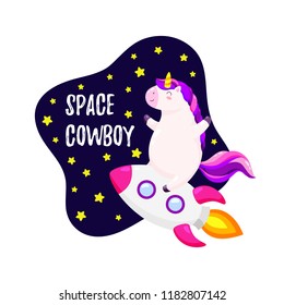 Cute vector illustration with unicorn astronaut. Template for design of T-shirt, postcard, banner