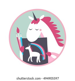 Cute vector illustration, unicorn draws a self-portrait with a rainbow on a dark background