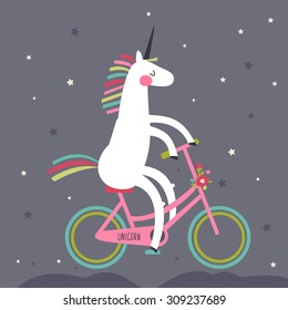 Cute vector illustration of a unicorn on a bicycle in the stars 