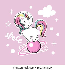 Cute vector illustration with unicorn in space, white cloud, planet and stars on a pink background for children