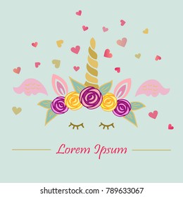 Cute vector illustration with Unicorn tiara and horn, pink wings on blue background with hearts. Template for Valentine Day