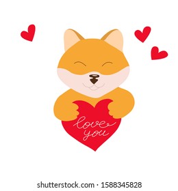 Cute vector illustration for valentines day, cute dog with heart and lettering I love you, kawaii shiba inu dog, giftcard for valentines day, birthdays