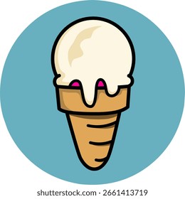 Linda Ilustración vectorial de un cono de helado de vainilla con un fondo azul. Sencillo, divertido y perfecto para diseños de temática veraniega, pegatinas o contenido infantil