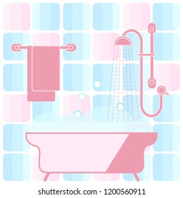 Cute vector illustration of variety bathroom elements: shower, bath with foam, soap bubbles,  towel hanging on holders, bathroom tiles. Design for poster or print.