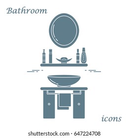 Cute vector illustration with variety bathroom elements: mirror, washbasin, towel, shampoo and other. Design for poster or print.