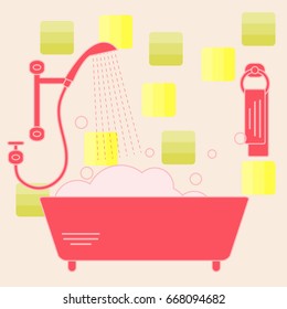 Cute vector illustration of variety bathroom elements: shower, bath with foam, soap bubbles,  towel hanging on holders, bathroom tiles. Design for poster or print.