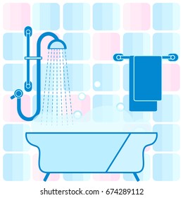 Cute vector illustration of variety bathroom elements: shower, bath with foam, soap bubbles,  towel hanging on holders, bathroom tiles. Design for poster or print.