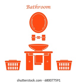 Cute vector illustration with variety bathroom elements: mirror, stand for glasses, washbasin, towel, towel holder, laundry baskets. Design for poster or print.
