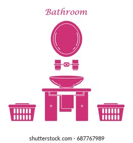 Cute vector illustration with variety bathroom elements: mirror, stand for glasses, washbasin, towel, towel holder, laundry baskets. Design for poster or print.