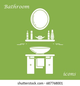 Cute vector illustration with variety bathroom elements: mirror, washbasin, towel, shampoo and other. Design for poster or print.