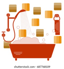 Cute vector illustration of variety bathroom elements: shower, bath with foam, soap bubbles,  towel hanging on holders, bathroom tiles. Design for poster or print.