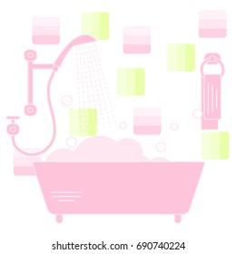 Cute vector illustration of variety bathroom elements: shower, bath with foam, soap bubbles,  towel hanging on holders, bathroom tiles. Design for poster or print.