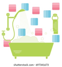 Cute vector illustration of variety bathroom elements: shower, bath with foam, soap bubbles,  towel hanging on holders, bathroom tiles. Design for poster or print.