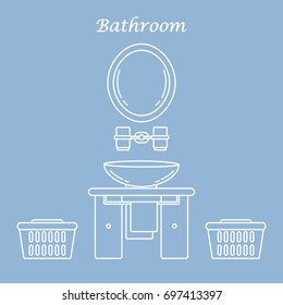 Cute vector illustration with variety bathroom elements: mirror, stand for glasses, washbasin, towel, towel holder, laundry baskets. Design for poster or print.