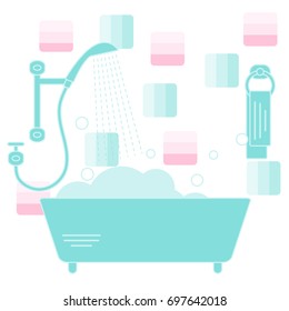 Cute vector illustration of variety bathroom elements: shower, bath with foam, soap bubbles,  towel hanging on holders, bathroom tiles. Design for poster or print.