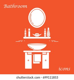 Cute vector illustration with variety bathroom elements: mirror, washbasin, towel, shampoo and other. Design for poster or print.