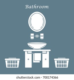 Cute vector illustration with variety bathroom elements: mirror, stand for glasses, washbasin, towel, towel holder, laundry baskets. Design for poster or print.