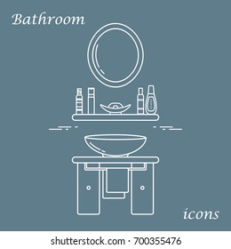 Cute vector illustration with variety bathroom elements: mirror, washbasin, towel, shampoo and other. Design for poster or print.